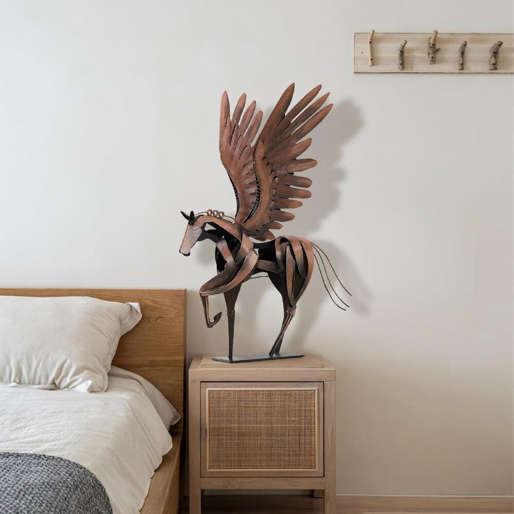 Horse Statue Décor Artwork 24" H Metal Pegasus Greek Flying Sculpture Brown - Picture 2 of 6